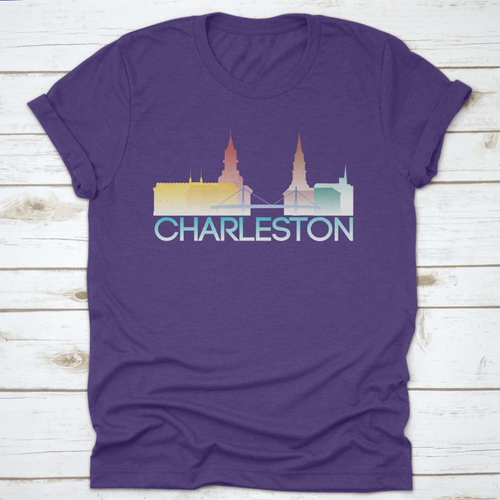 A vibrant multi-colored silhouette of Charleston, South Carolina, showcasing iconic landmarks and culture.