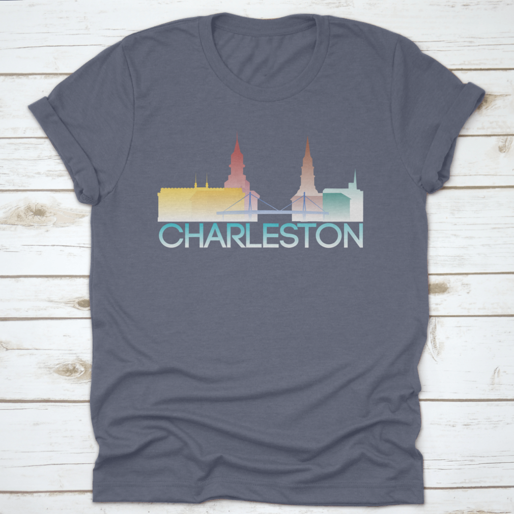 A vibrant multi-colored silhouette of Charleston, South Carolina, showcasing iconic landmarks and culture.