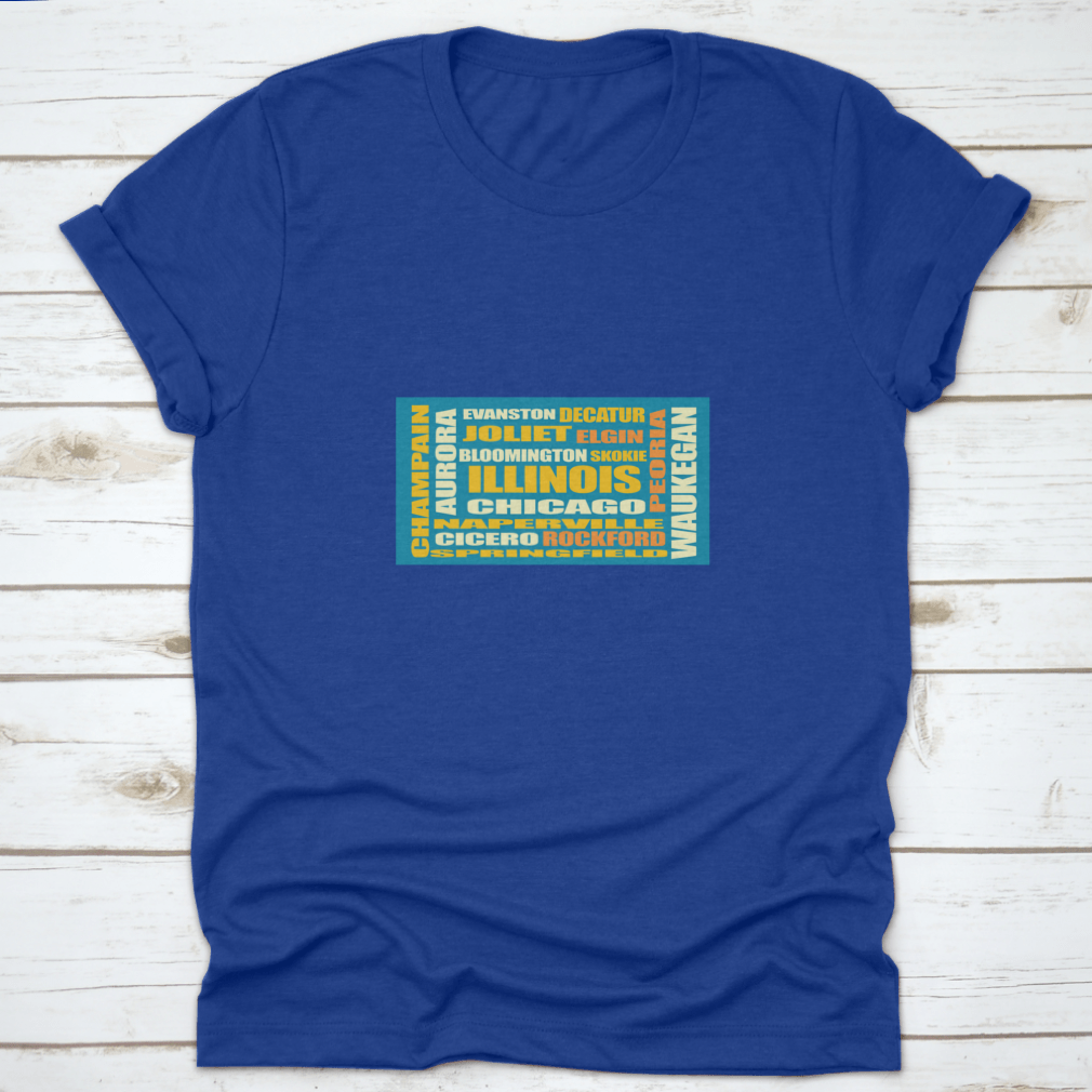 Multi-Colored Silhouette List of State Cities in Illinois, showcasing vibrant colors and city names on a comfortable cotton fabric.