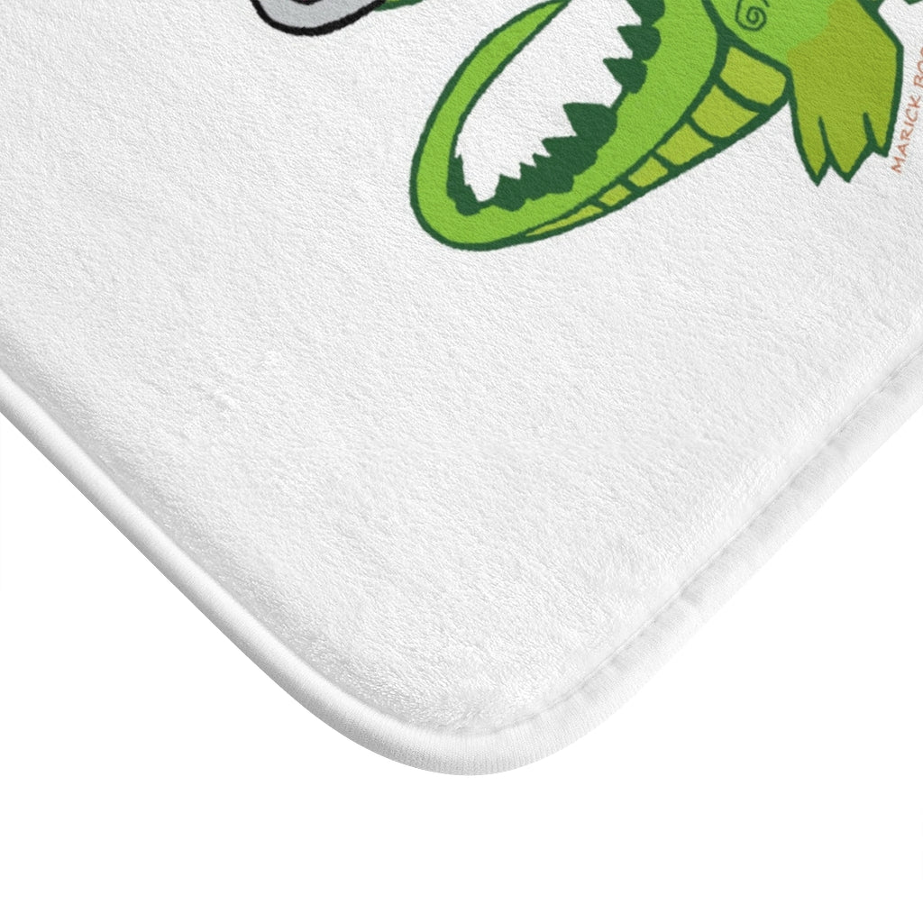 Munchies the Crocodile Bath Mat featuring a playful crocodile design with anti-slip backing, made of soft microfiber material.