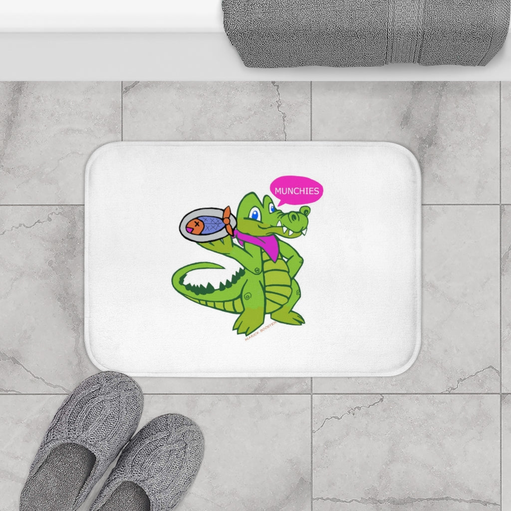 Munchies the Crocodile Bath Mat featuring a playful crocodile design with anti-slip backing, made of soft microfiber material.