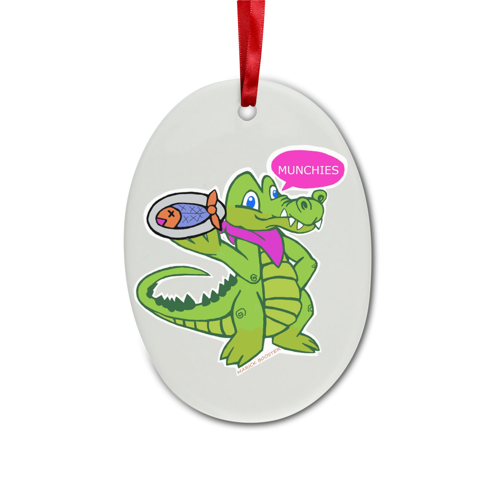Munchies the Crocodile Ceramic Hanging Ornament with red ribbon and gold string, perfect for Christmas decoration.