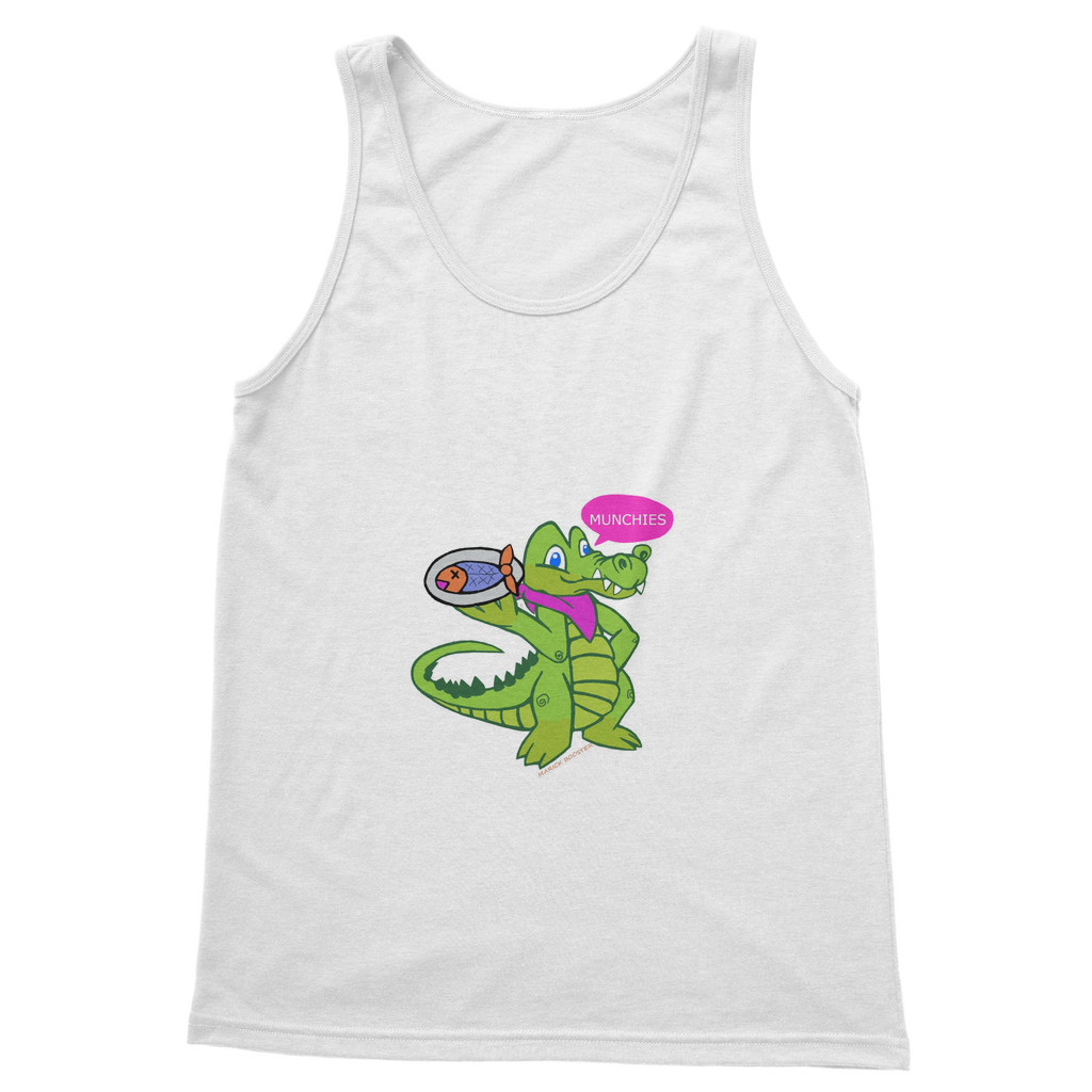 Munchies the Crocodile Classic Adult Vest Top in various colors, showcasing its stylish design and comfortable fit.