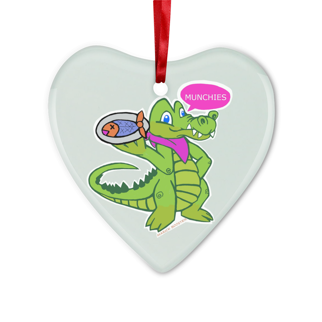 Munchies the Crocodile Glass Hanging Ornament featuring a vibrant crocodile design, available in round and heart shapes, with a red ribbon and gold string.