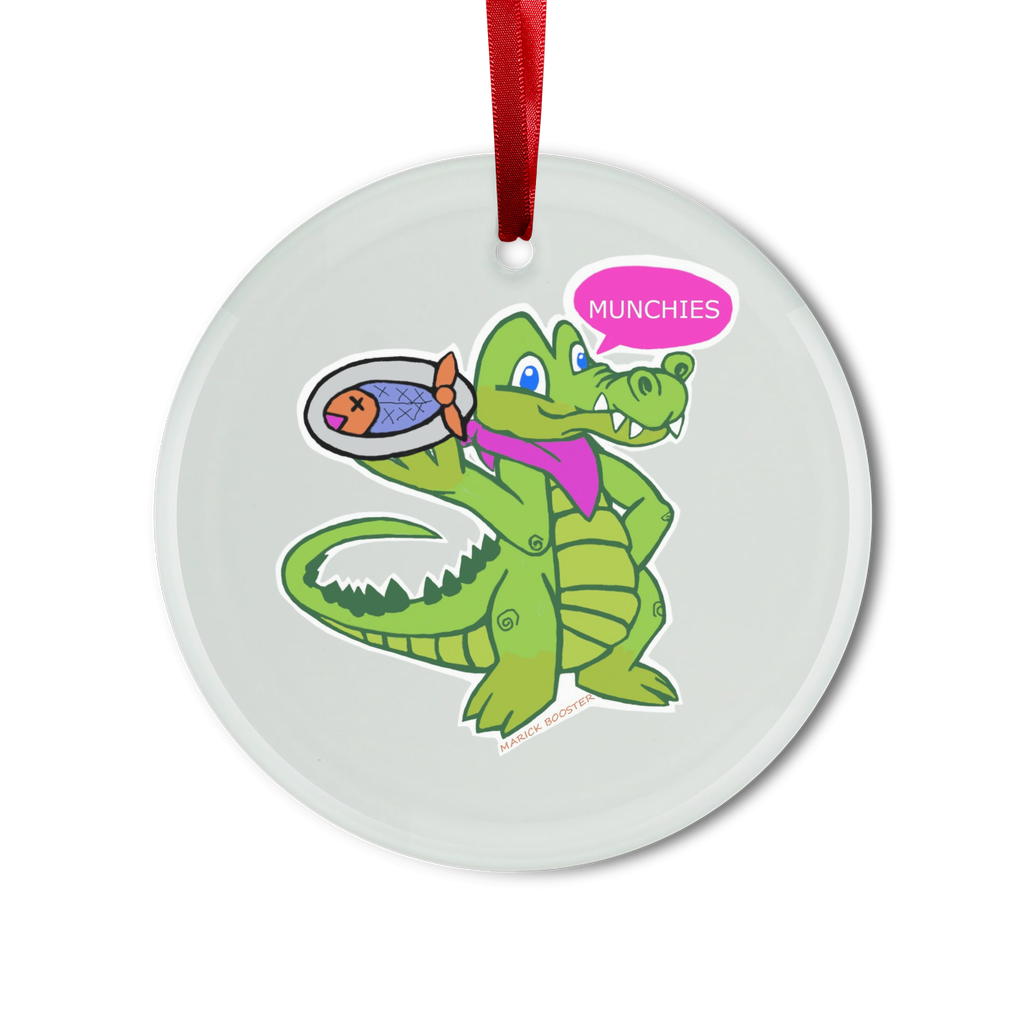 Munchies the Crocodile Glass Hanging Ornament featuring a vibrant crocodile design, available in round and heart shapes, with a red ribbon and gold string.