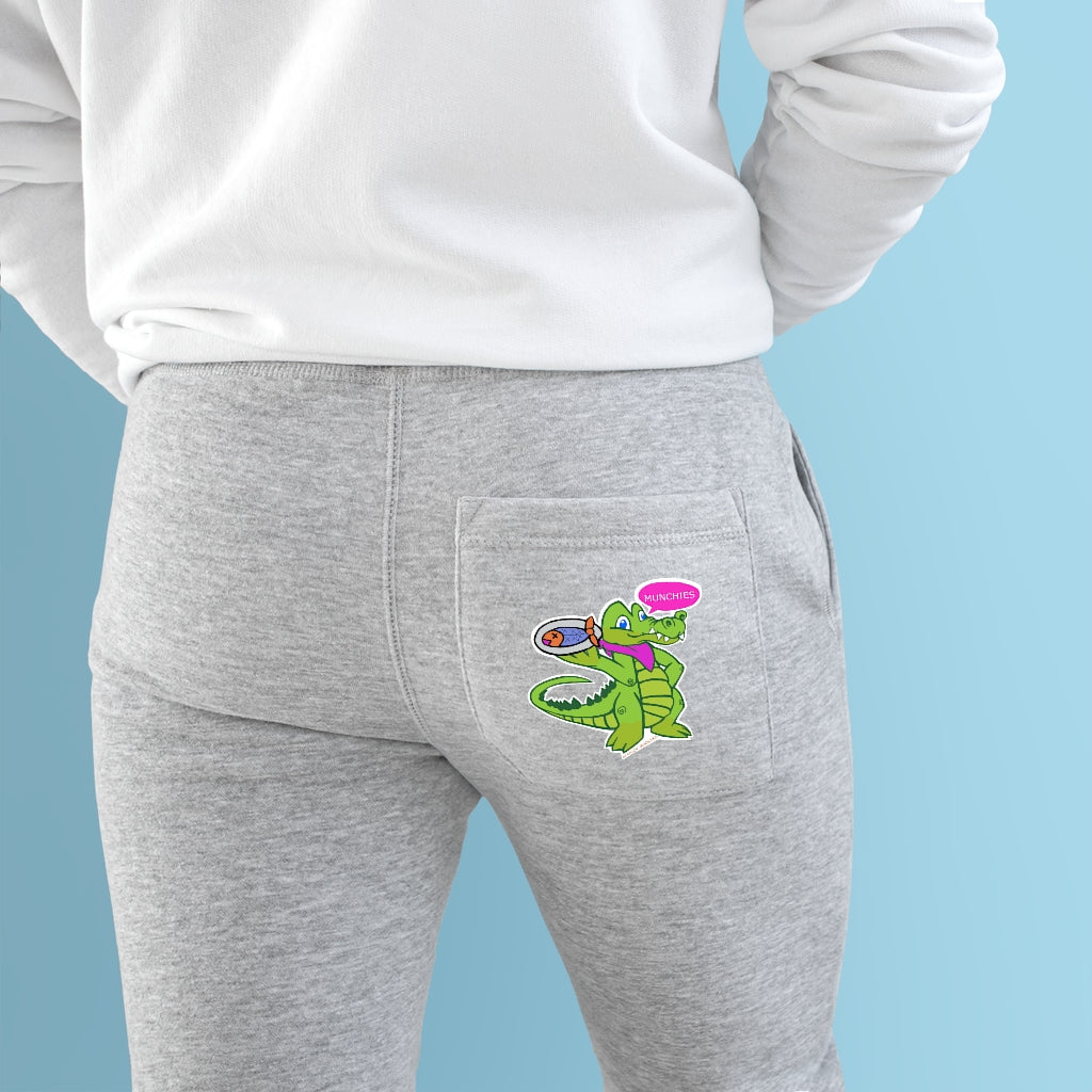 Munchies the Crocodile Premium Fleece Joggers showcasing a stylish design with customizable back pocket and spacious side pockets.