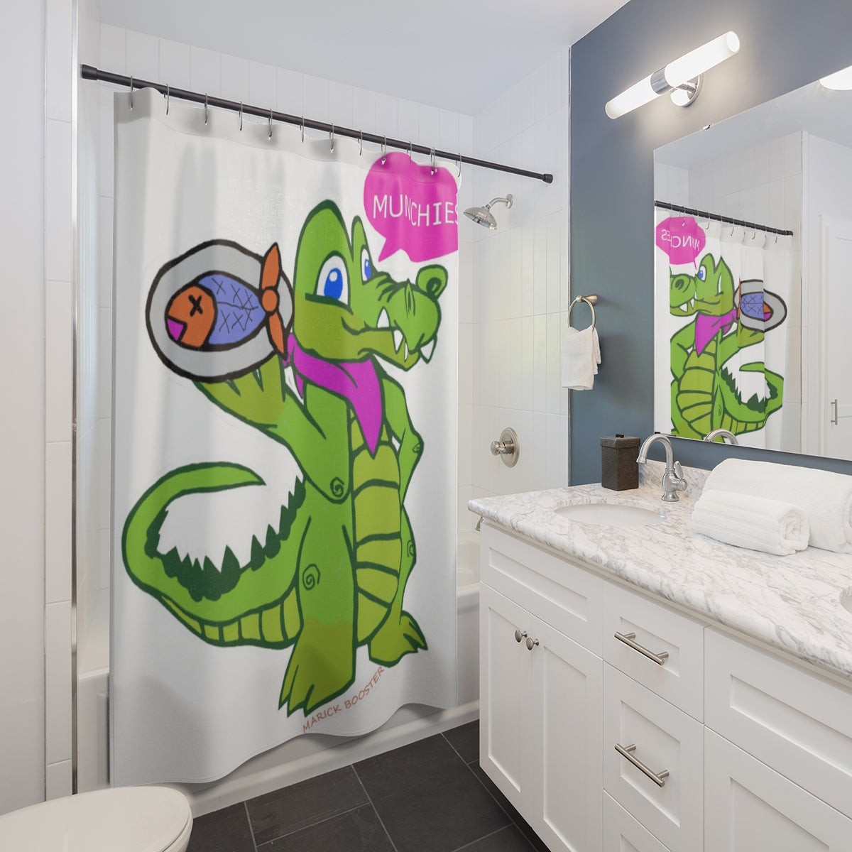 Munchies the Crocodile Shower Curtain featuring a vibrant crocodile design on durable polyester fabric, perfect for bathroom decor.