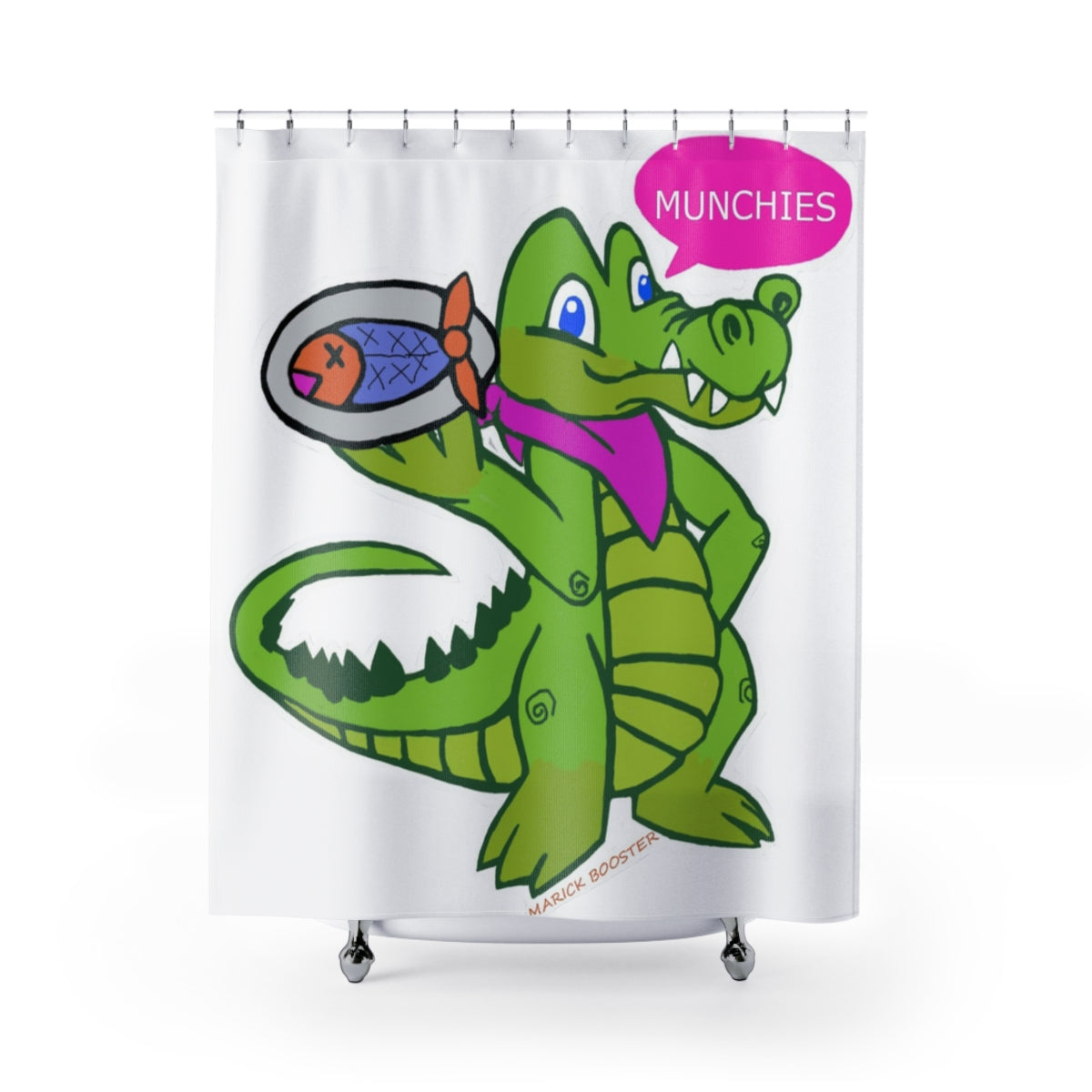 Munchies the Crocodile Shower Curtain featuring a vibrant crocodile design on durable polyester fabric, perfect for bathroom decor.