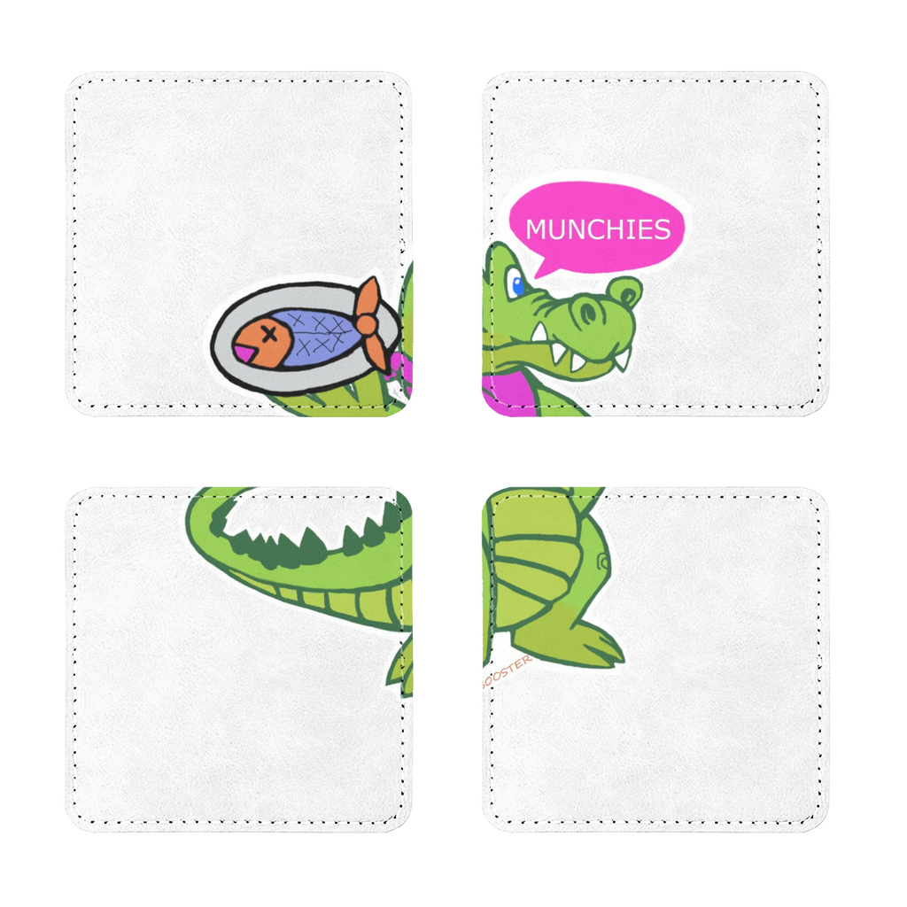 Pack of four Munchies the Crocodile PU leather coasters in square and round shapes, showcasing their stylish design and quality material.