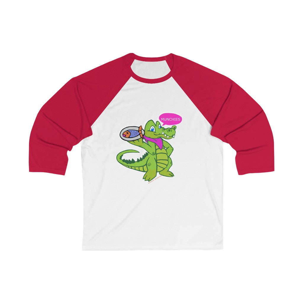 Munchies the Crocodile Unisex 3/4 Sleeve Baseball Tee featuring a stylish design with ribbed collar and comfortable fit.