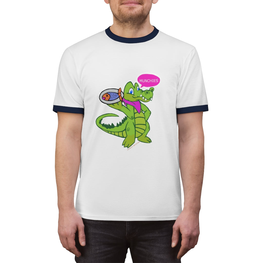 Munchies the Crocodile Unisex Ringer Tee featuring a stylish design with contrasting ringer neckline, available in various colors.