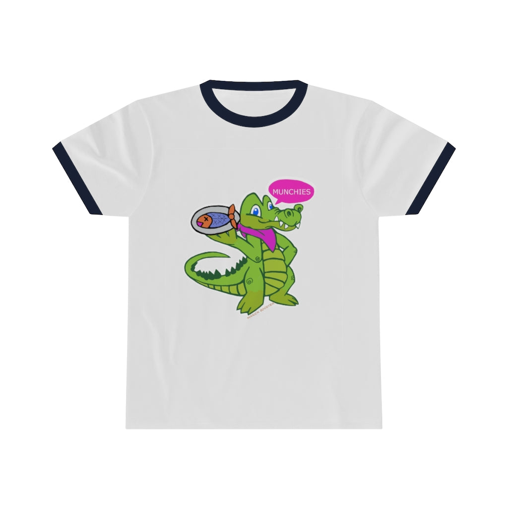 Munchies the Crocodile Unisex Ringer Tee featuring a stylish design with contrasting ringer neckline, available in various colors.