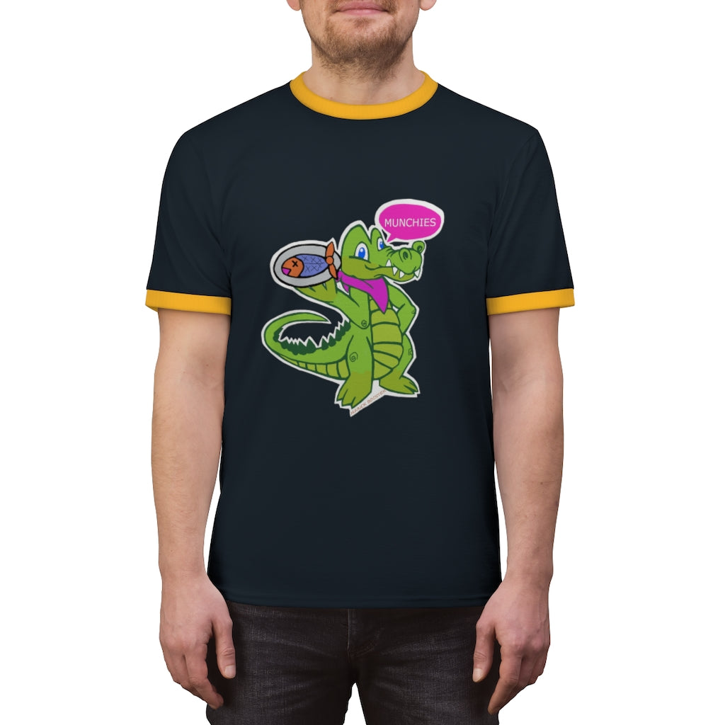 Munchies the Crocodile Unisex Ringer Tee featuring a stylish design with contrasting ringer neckline, available in various colors.