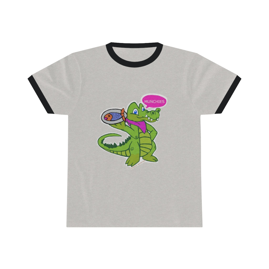 Munchies the Crocodile Unisex Ringer Tee featuring a stylish design with contrasting ringer neckline, available in various colors.