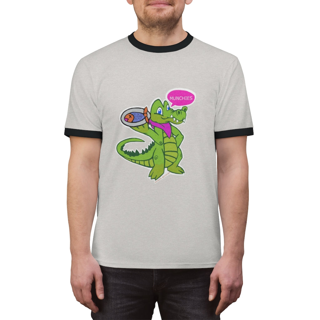 Munchies the Crocodile Unisex Ringer Tee featuring a stylish design with contrasting ringer neckline, available in various colors.
