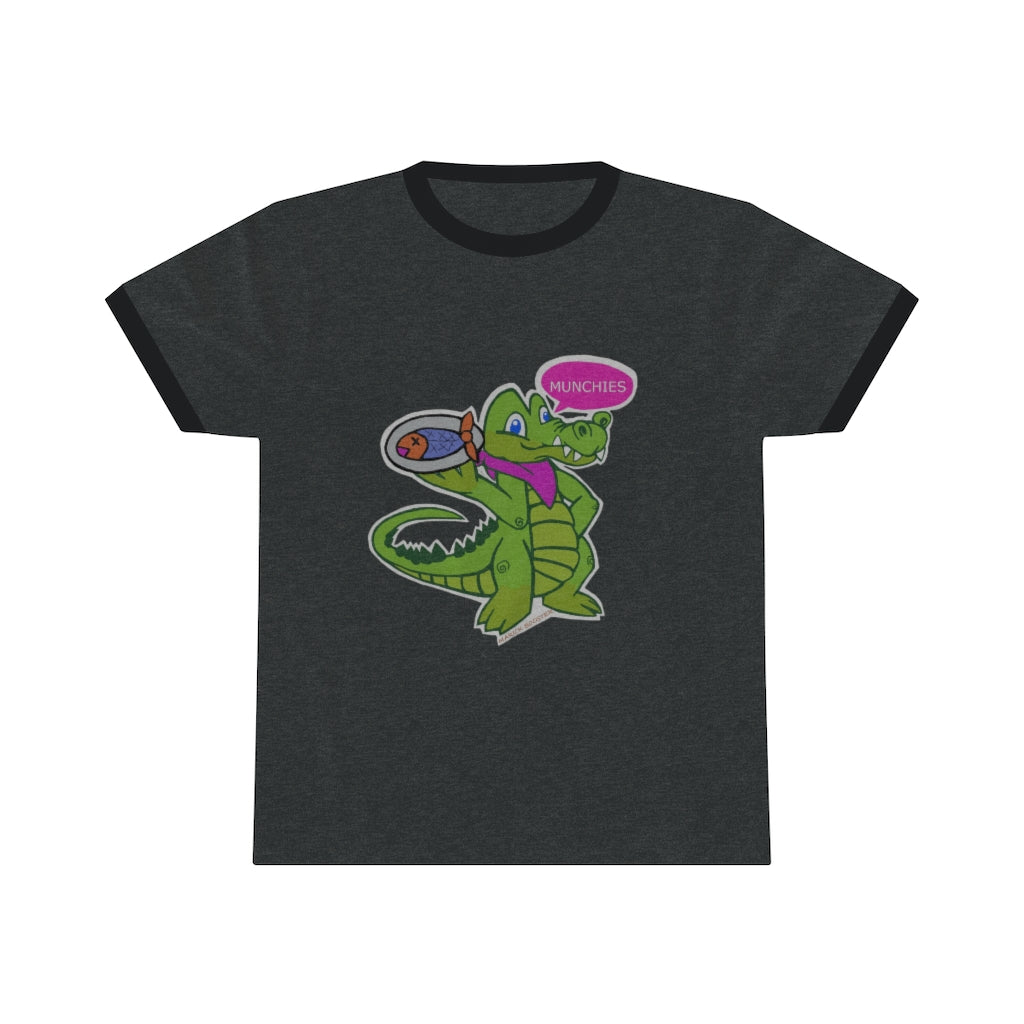 Munchies the Crocodile Unisex Ringer Tee featuring a stylish design with contrasting ringer neckline, available in various colors.