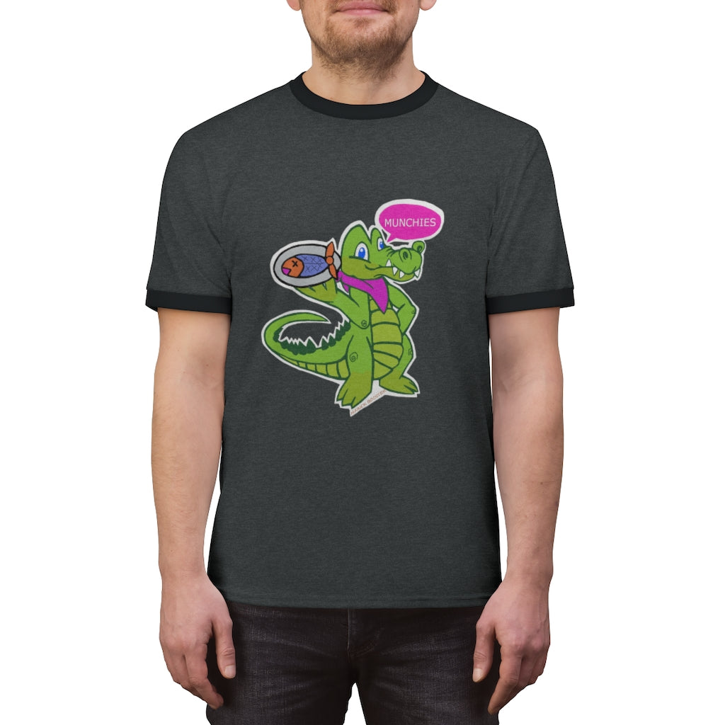 Munchies the Crocodile Unisex Ringer Tee featuring a stylish design with contrasting ringer neckline, available in various colors.