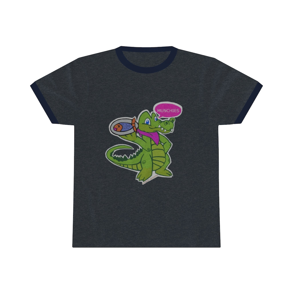 Munchies the Crocodile Unisex Ringer Tee featuring a stylish design with contrasting ringer neckline, available in various colors.