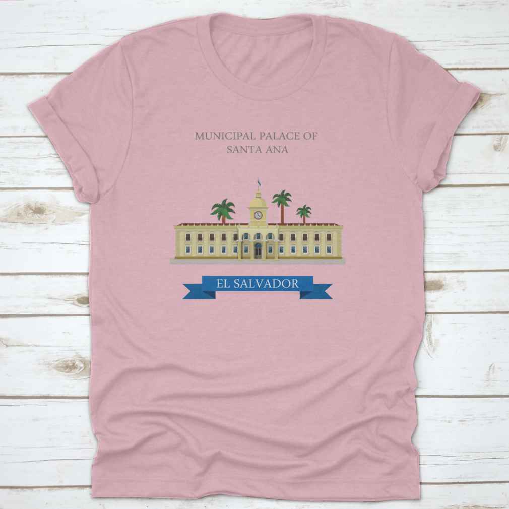 Flat cartoon style illustration of the Municipal Palace of Santa Ana in El Salvador, showcasing its architectural features in a vibrant design.