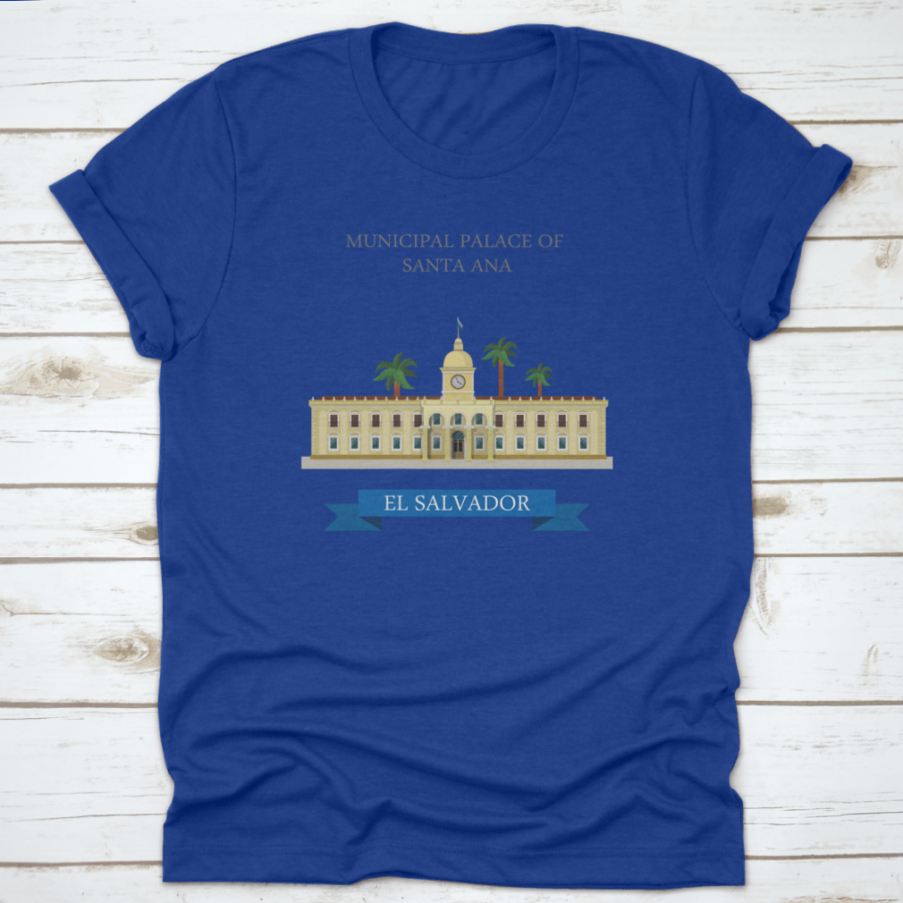 Flat cartoon style illustration of the Municipal Palace of Santa Ana in El Salvador, showcasing its architectural features in a vibrant design.