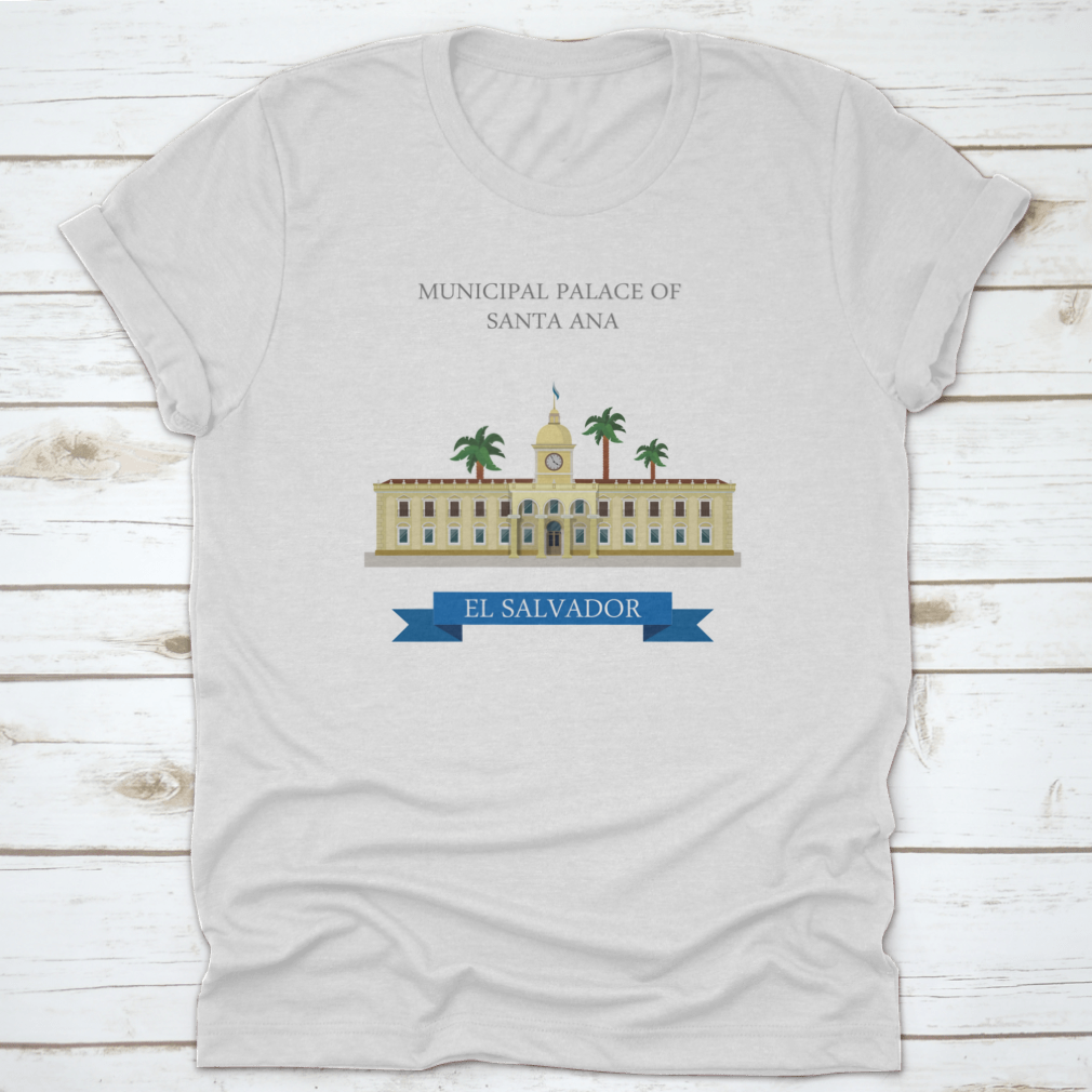 Flat cartoon style illustration of the Municipal Palace of Santa Ana in El Salvador, showcasing its architectural features in a vibrant design.