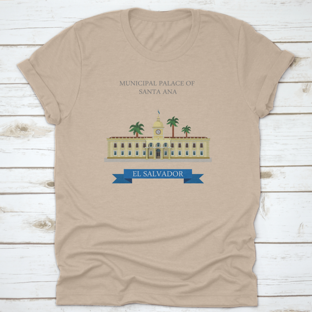 Flat cartoon style illustration of the Municipal Palace of Santa Ana in El Salvador, showcasing its architectural features in a vibrant design.