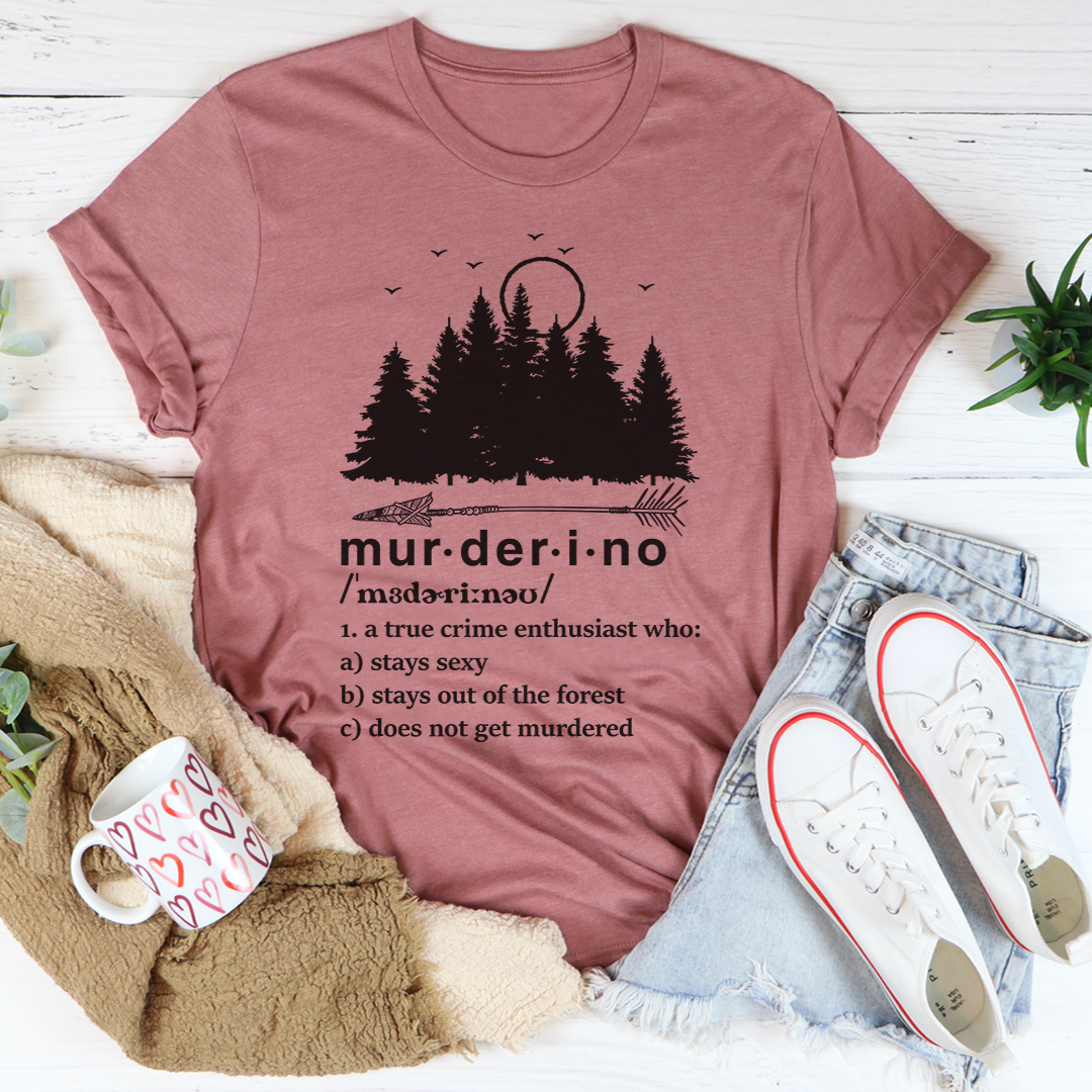 Murderino Noun T-Shirt made of soft ring-spun cotton, featuring double stitching for durability, available in various sizes.