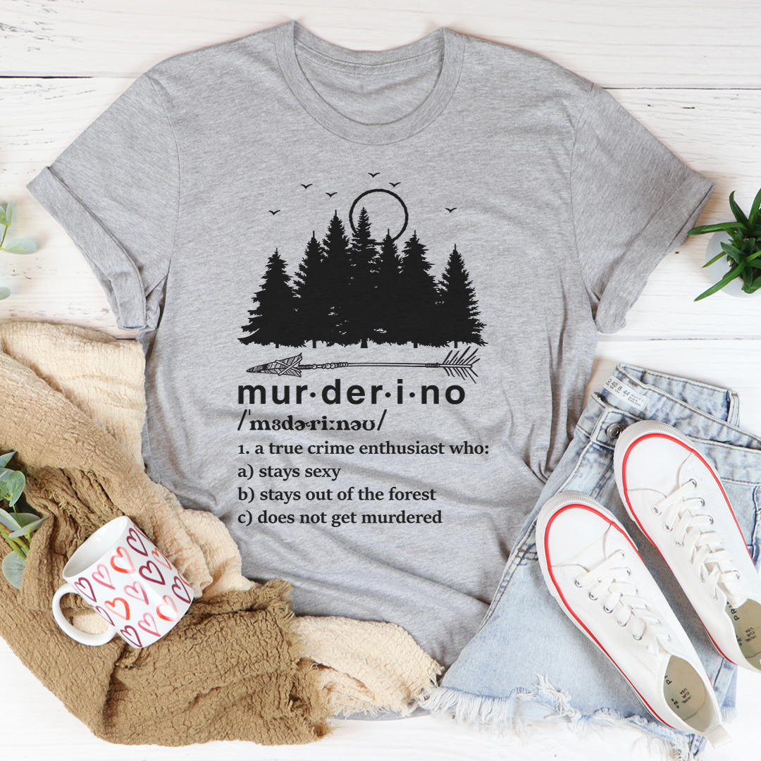 Murderino Noun T-Shirt made of soft ring-spun cotton, featuring double stitching for durability, available in various sizes.