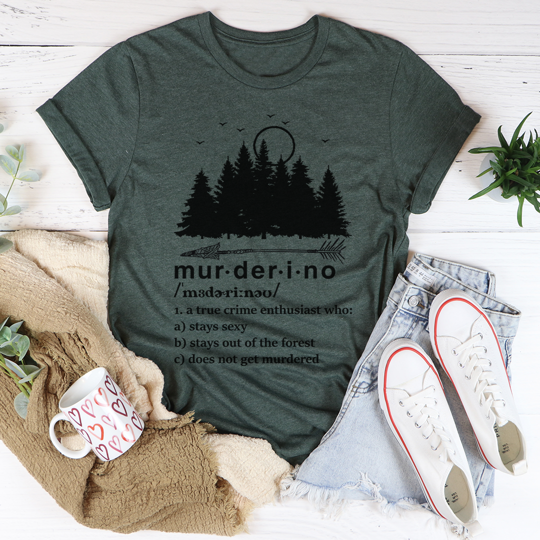 Murderino Noun T-Shirt made of soft ring-spun cotton, featuring double stitching for durability, available in various sizes.
