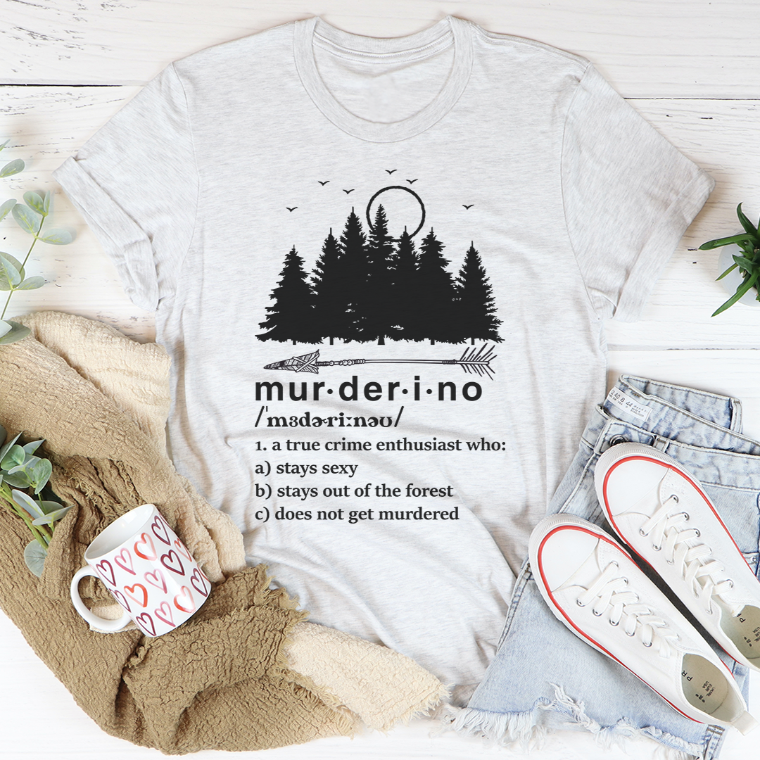 Murderino Noun T-Shirt made of soft ring-spun cotton, featuring double stitching for durability, available in various sizes.