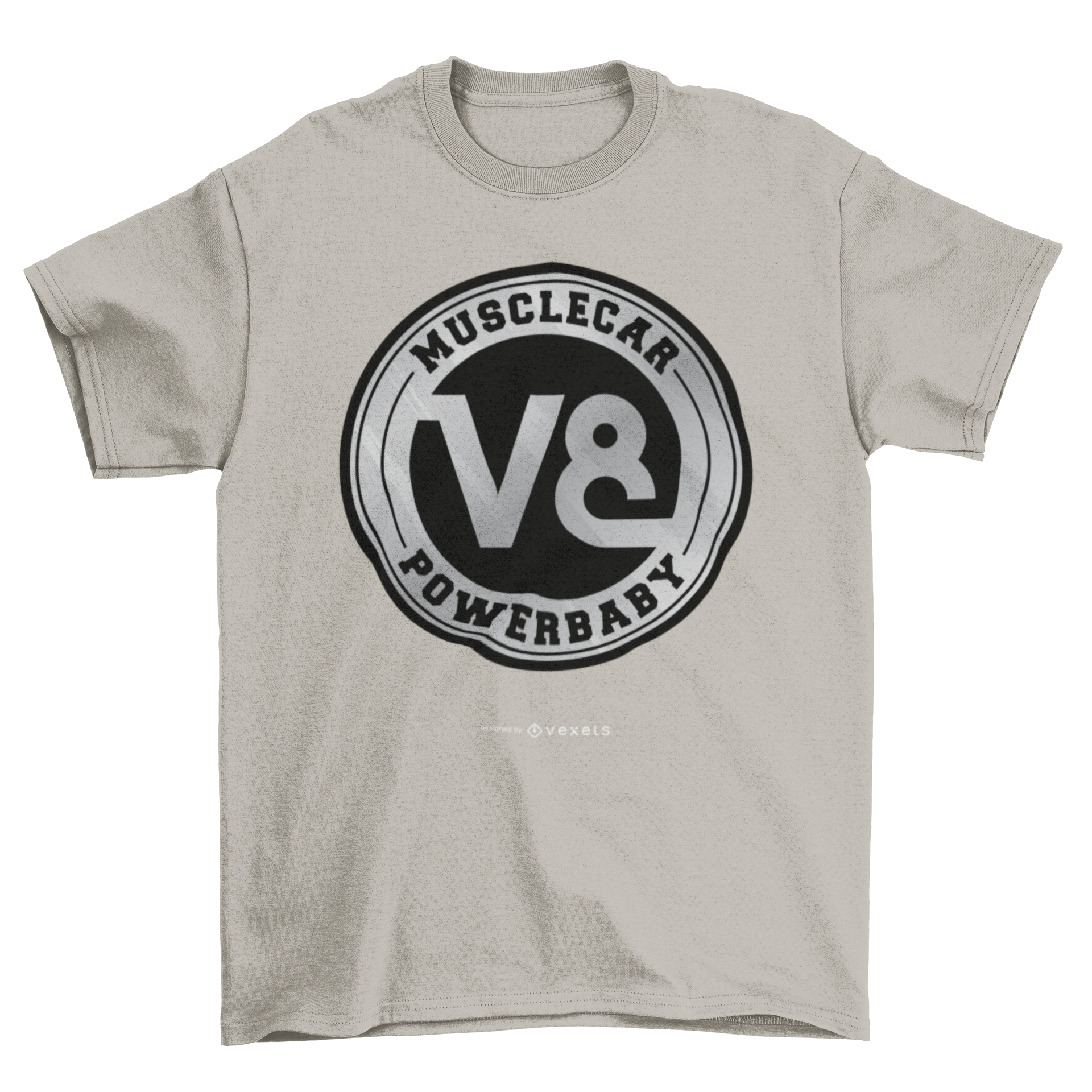 Muscle Car V8 T-shirt featuring a bold V8 logo and the text 'MUSCLE CAR POWER BABY' in vibrant colors.