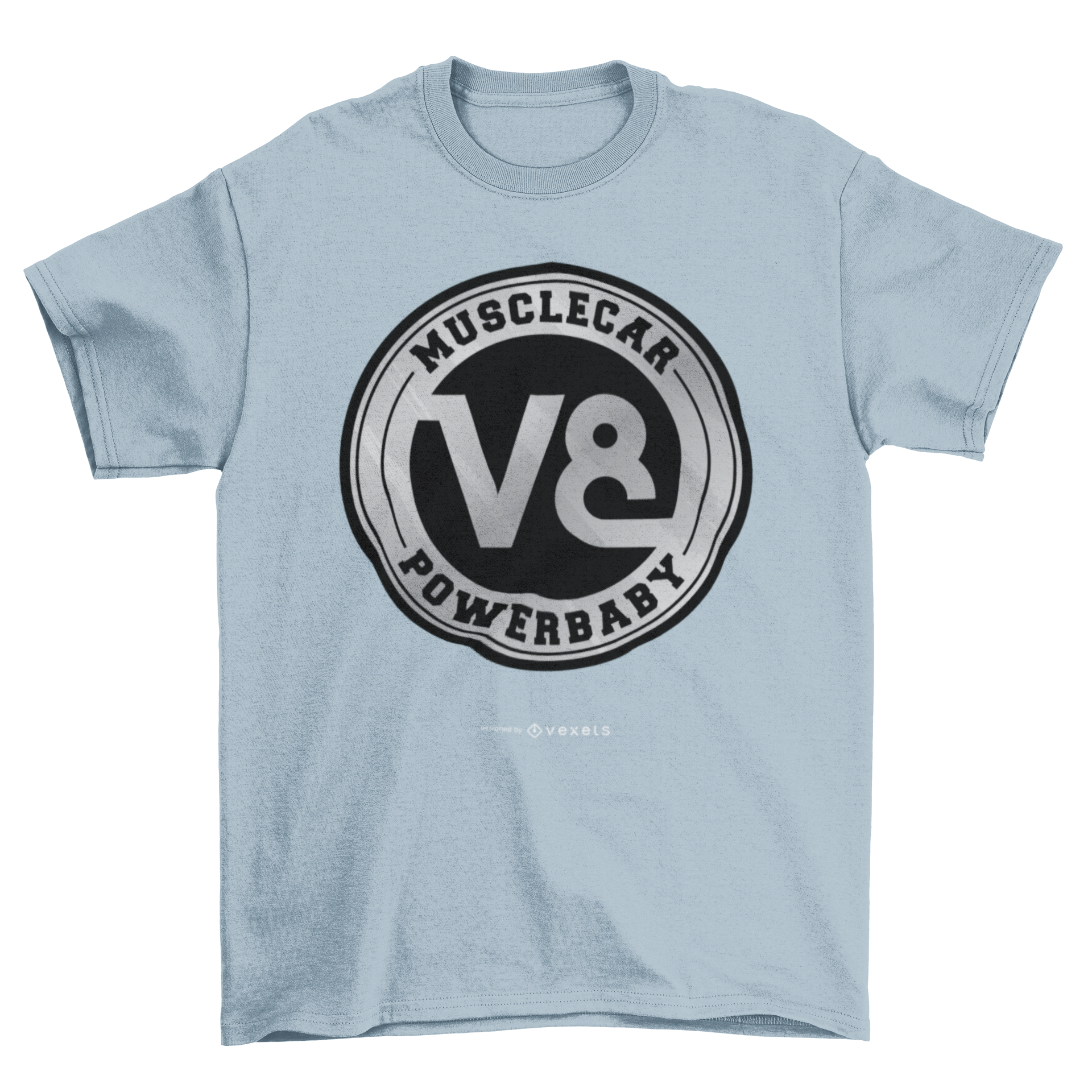 Muscle Car V8 T-shirt featuring a bold V8 logo and the text 'MUSCLE CAR POWER BABY' in vibrant colors.