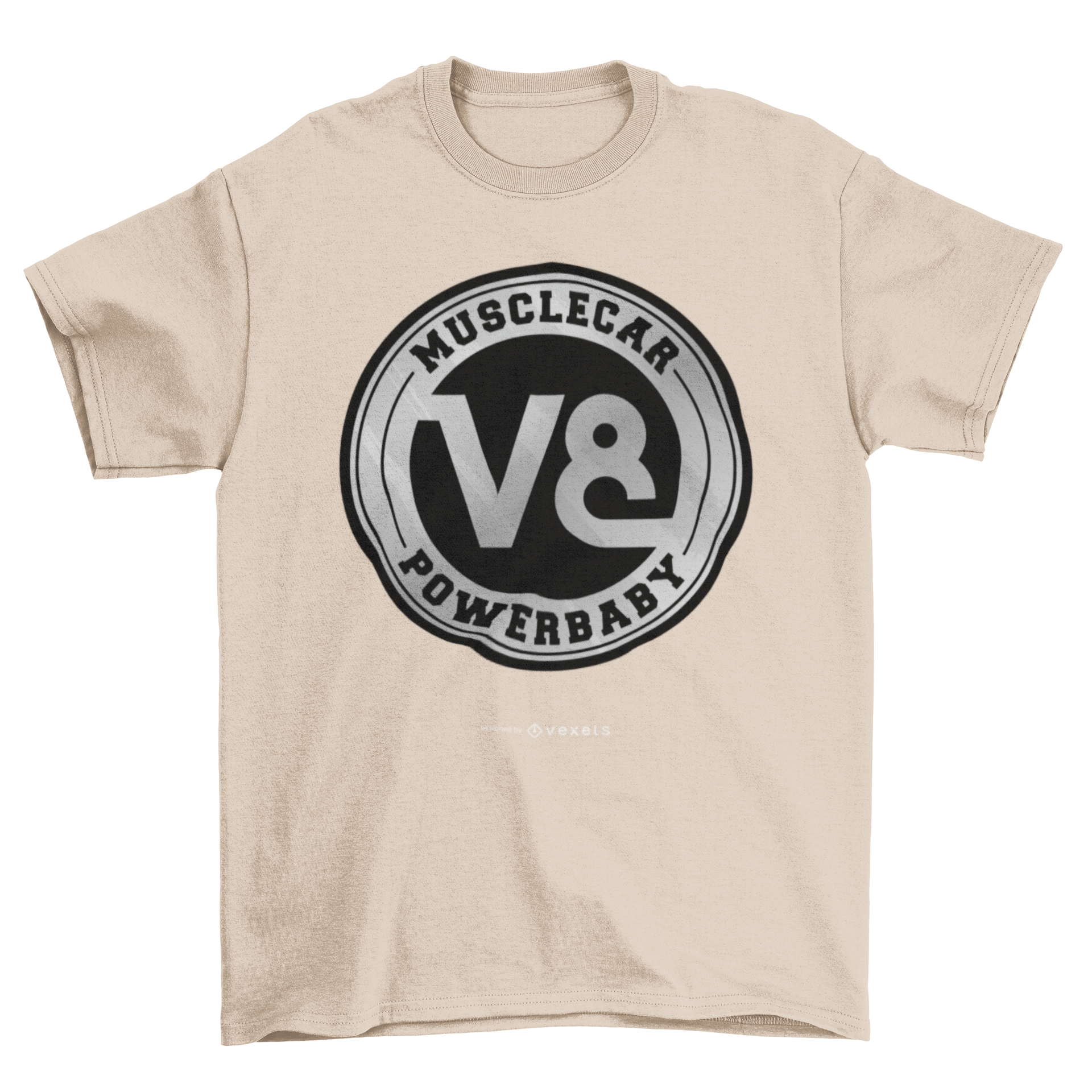 Muscle Car V8 T-shirt featuring a bold V8 logo and the text 'MUSCLE CAR POWER BABY' in vibrant colors.