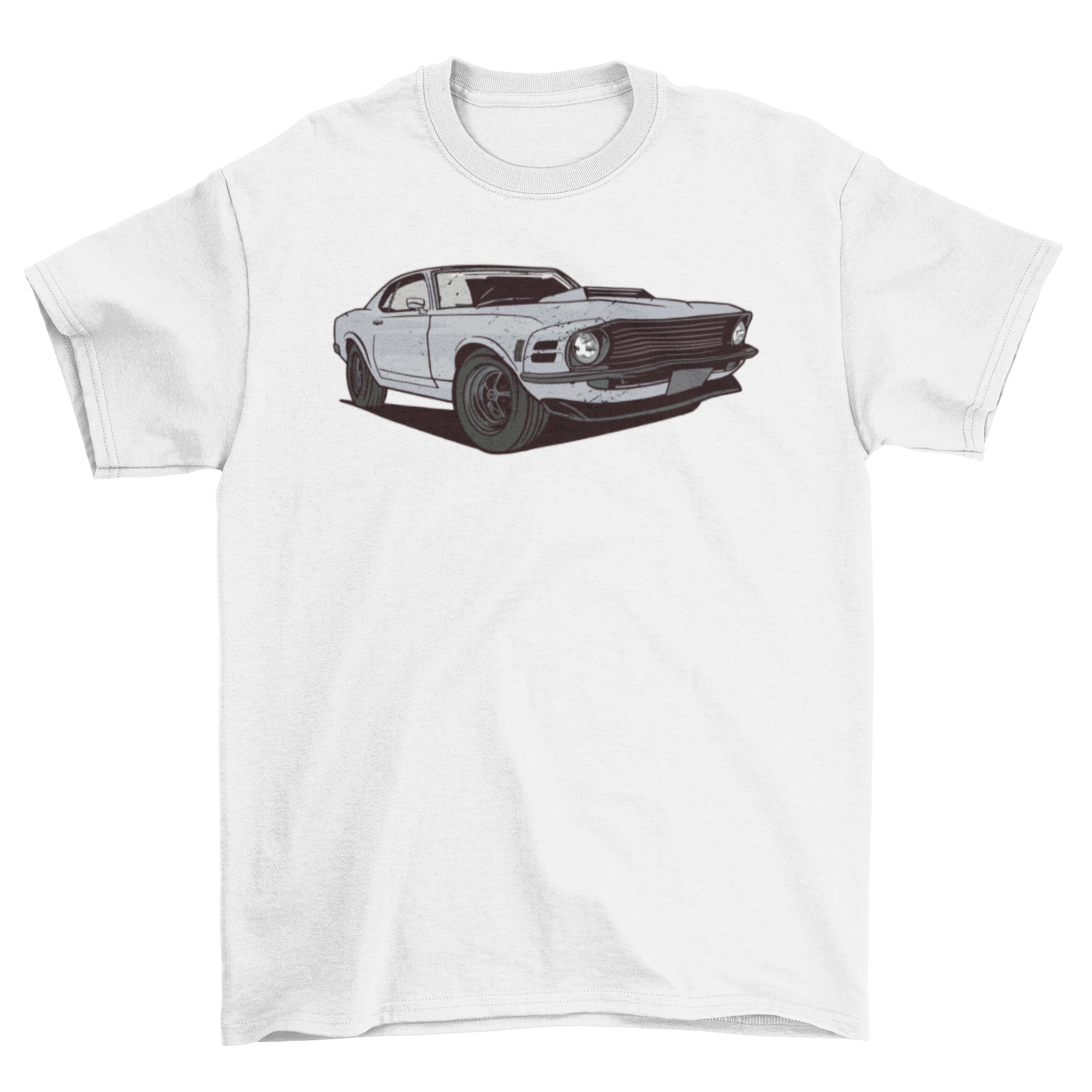 A stylish t-shirt featuring a vibrant muscle car design, perfect for car enthusiasts.