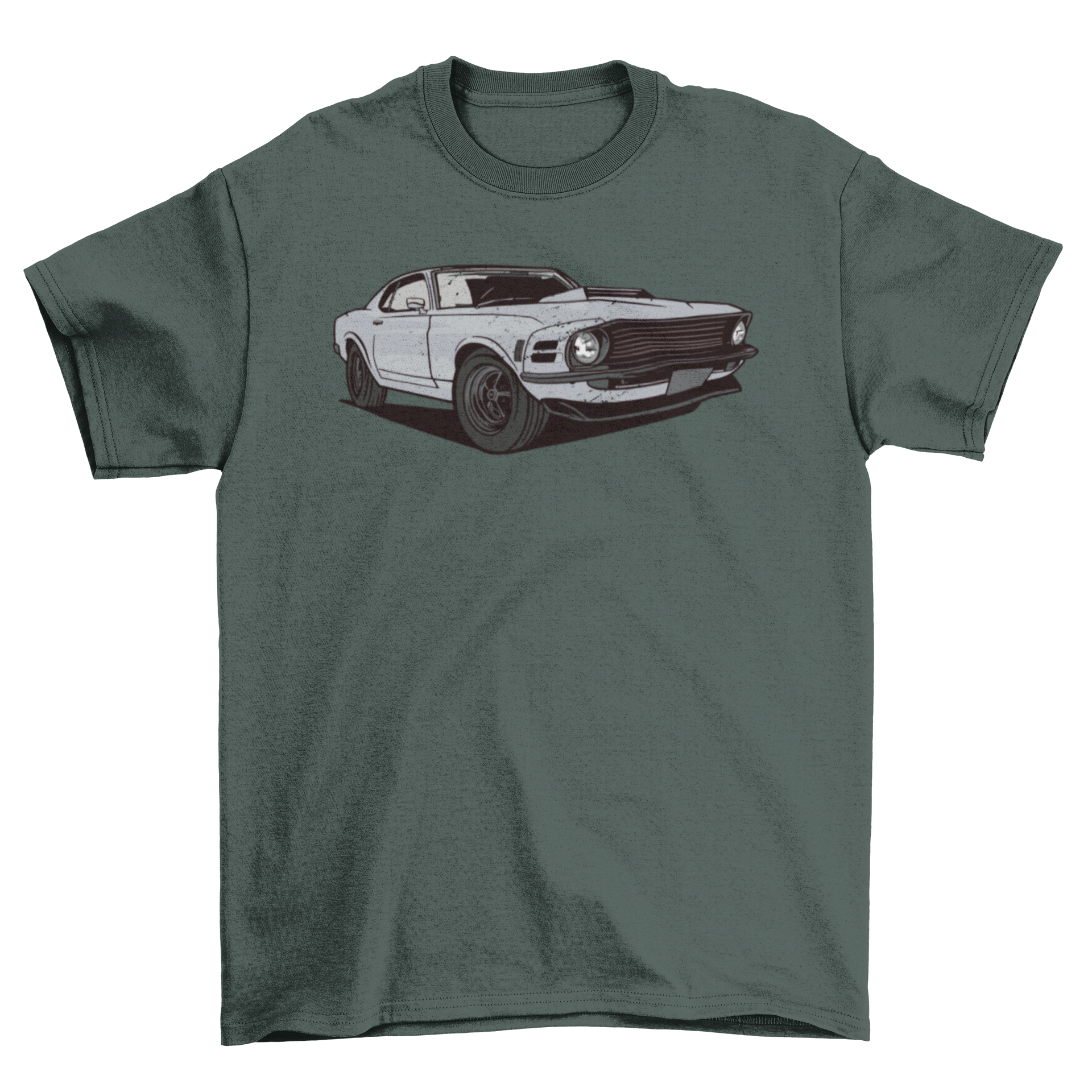 A stylish t-shirt featuring a vibrant muscle car design, perfect for car enthusiasts.