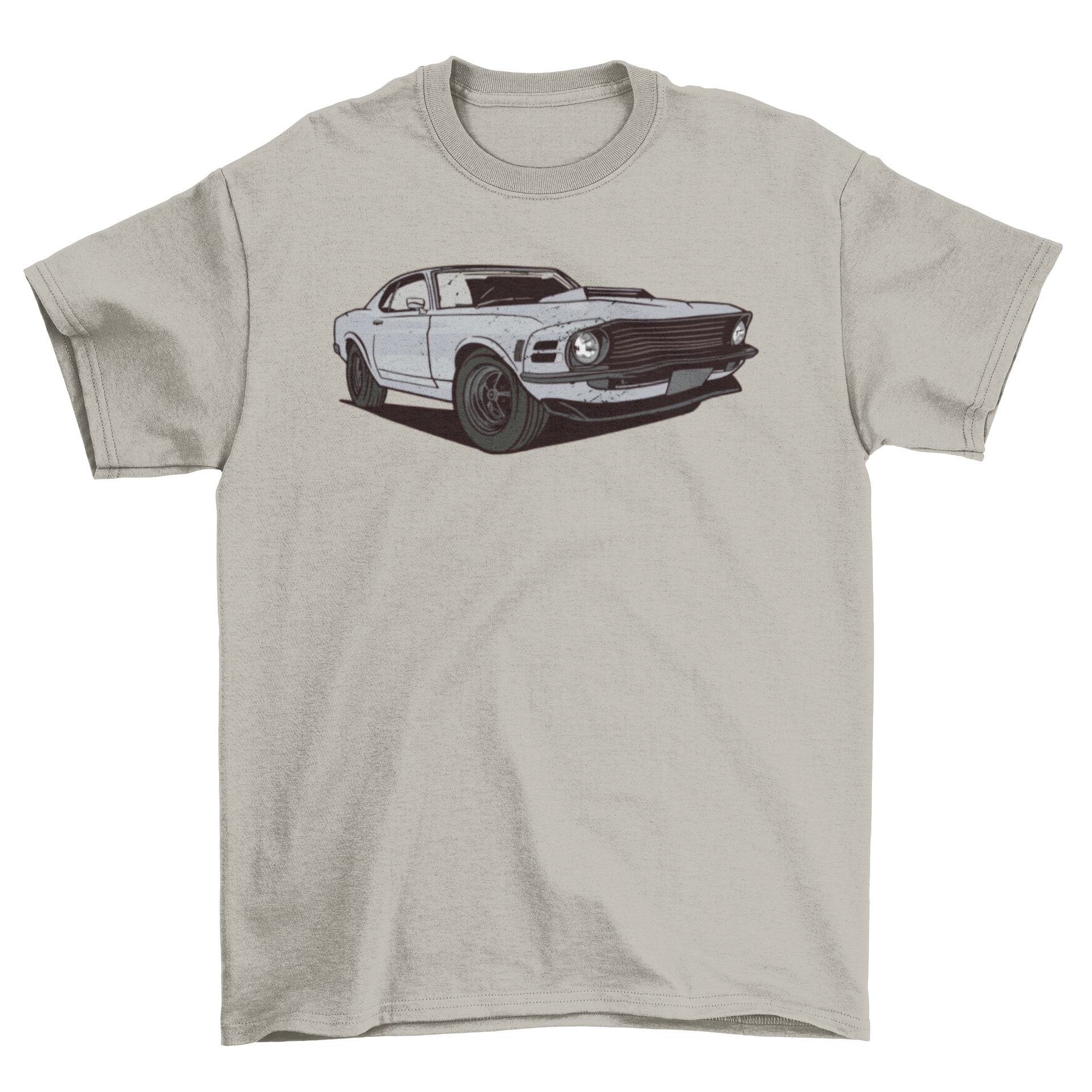 A stylish t-shirt featuring a vibrant muscle car design, perfect for car enthusiasts.