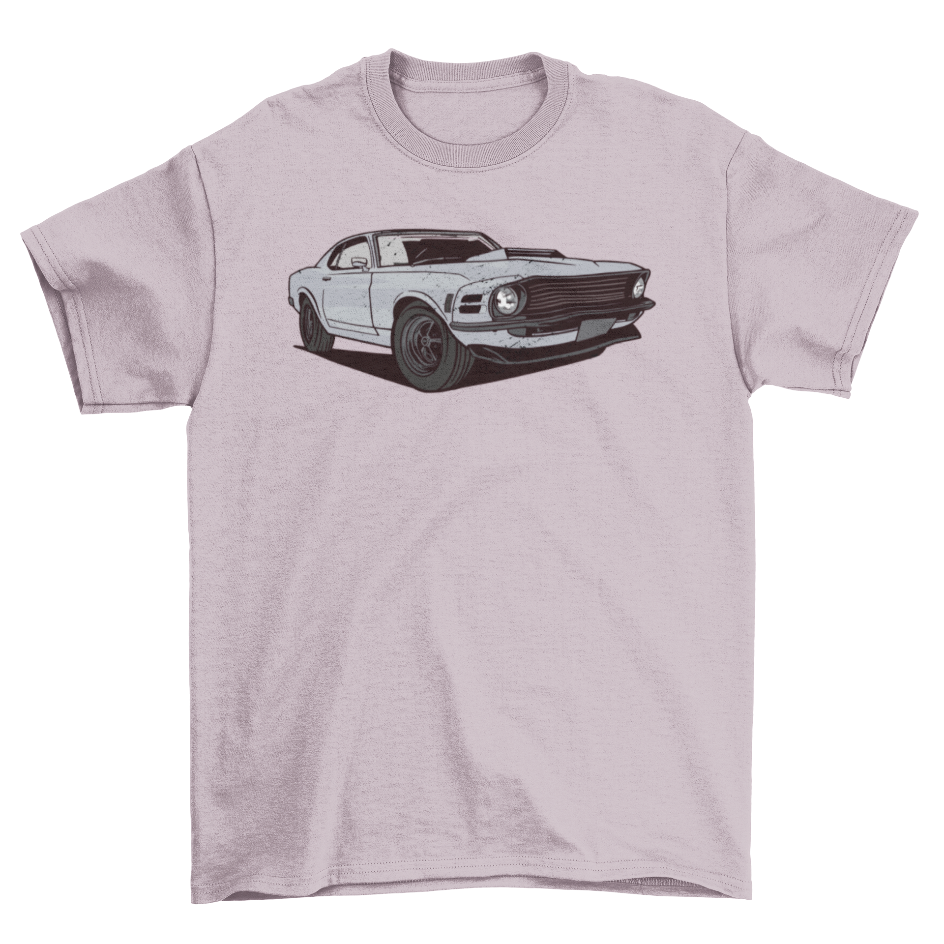 A stylish t-shirt featuring a vibrant muscle car design, perfect for car enthusiasts.