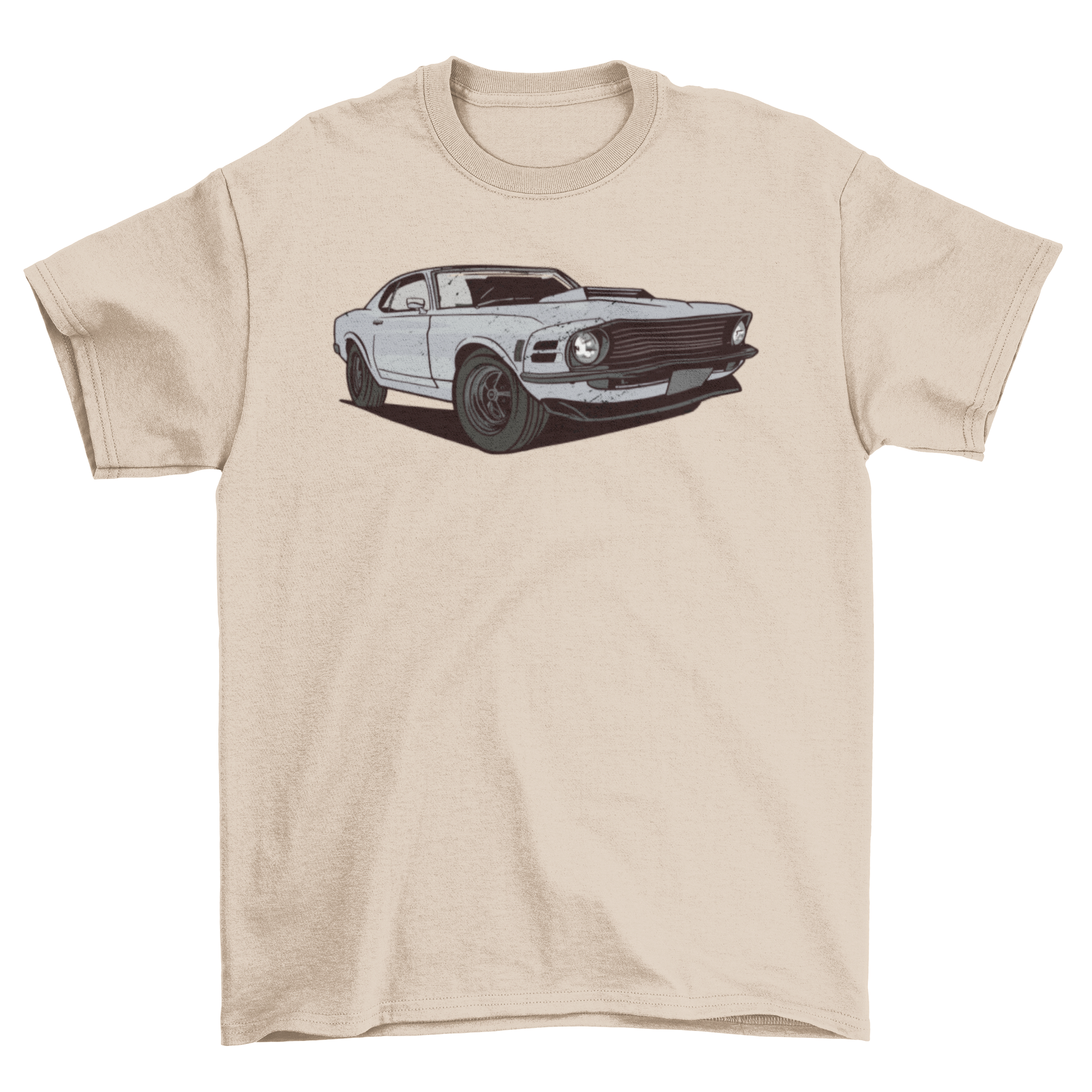 A stylish t-shirt featuring a vibrant muscle car design, perfect for car enthusiasts.
