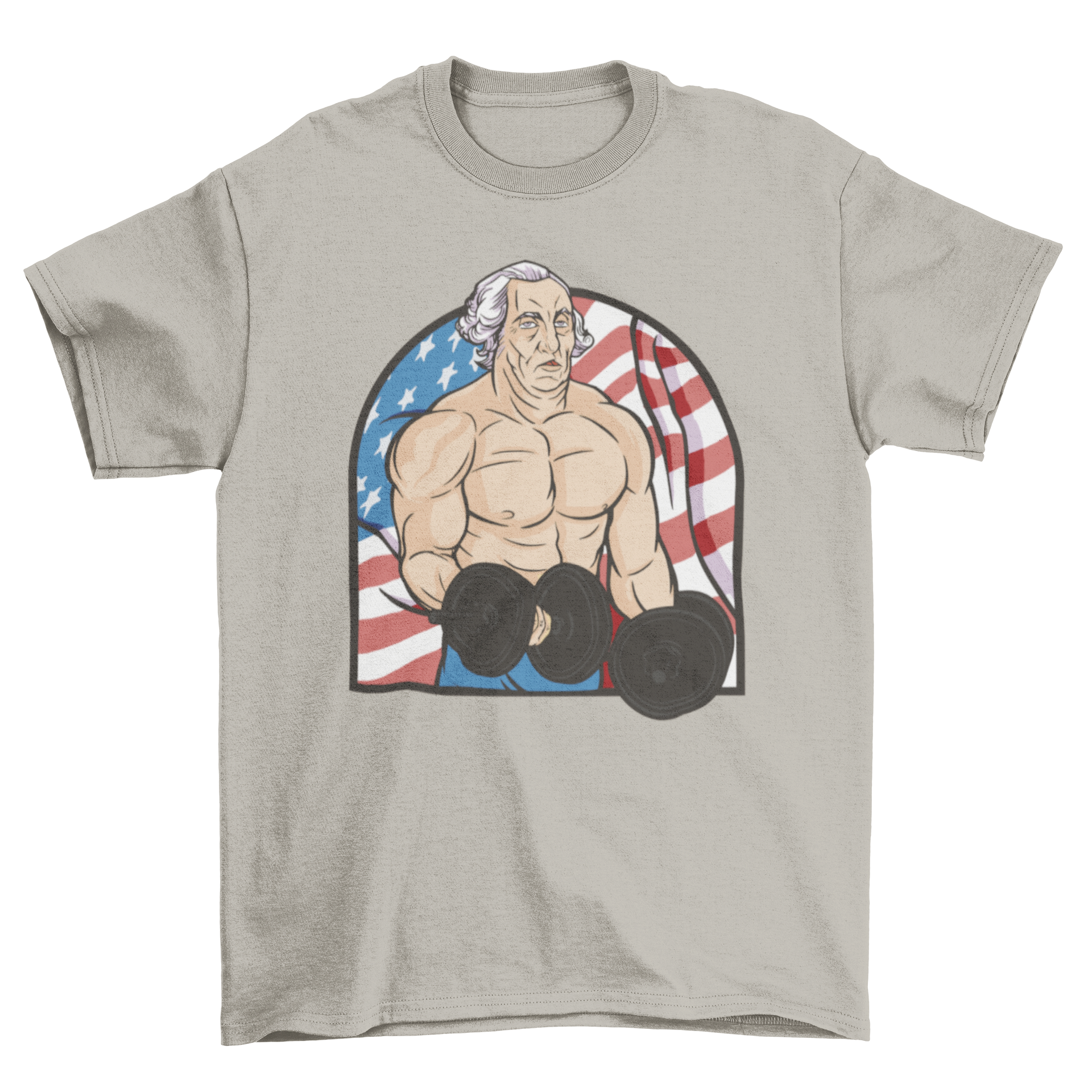 A muscular man parodying George Washington lifting weights in front of the American flag on a stylish t-shirt.