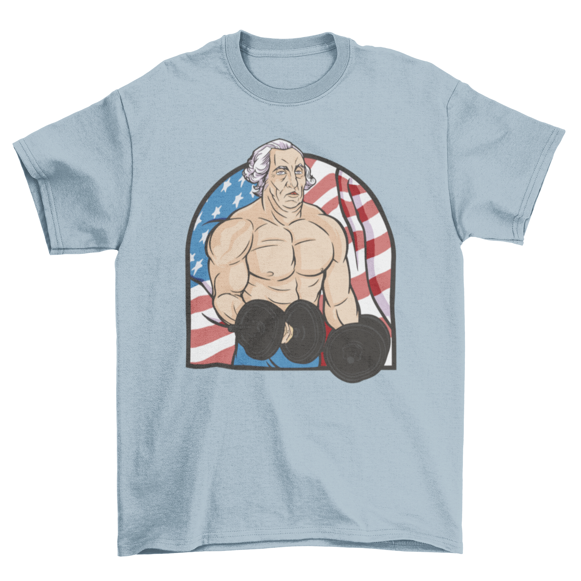 A muscular man parodying George Washington lifting weights in front of the American flag on a stylish t-shirt.