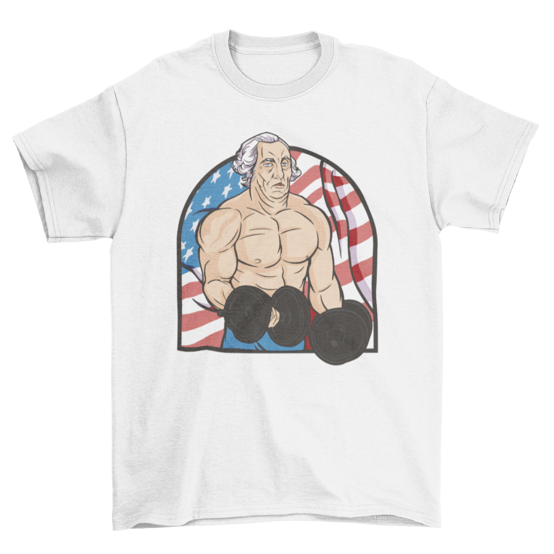 A muscular man parodying George Washington lifting weights in front of the American flag on a stylish t-shirt.