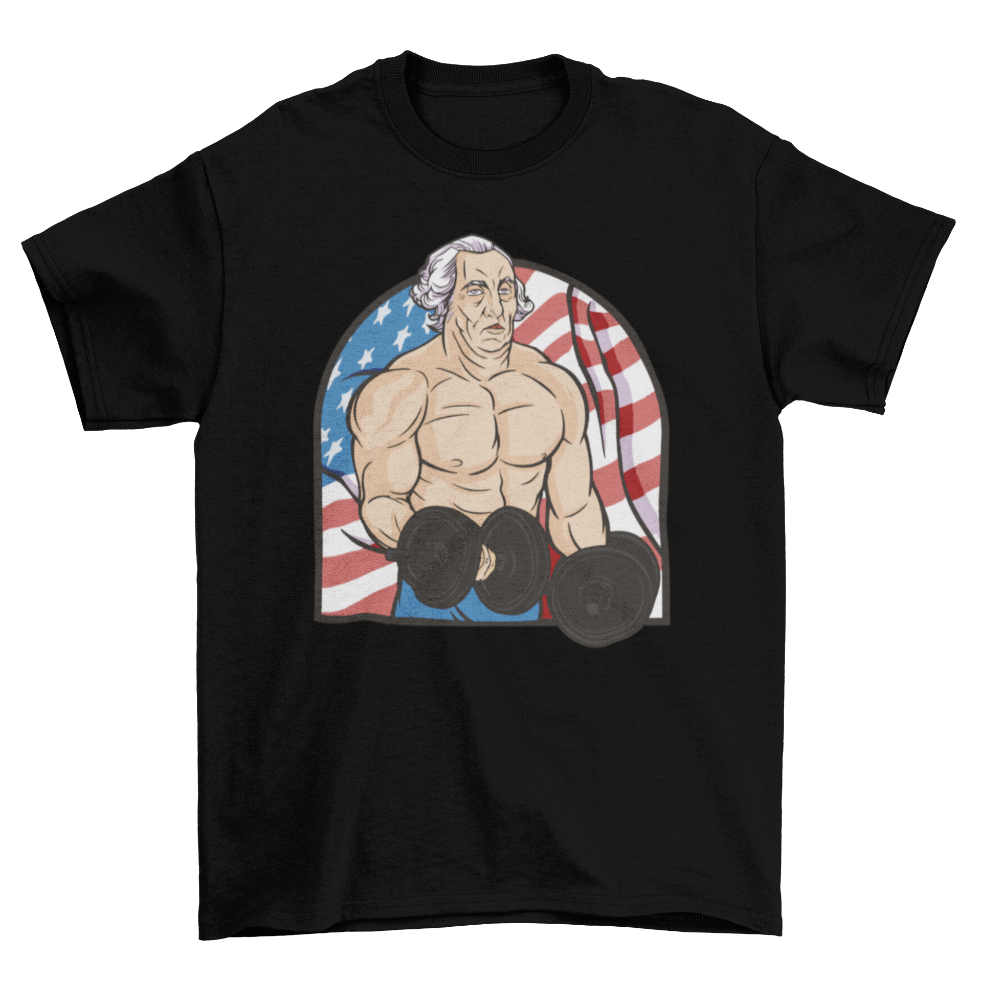 A muscular man parodying George Washington lifting weights in front of the American flag on a stylish t-shirt.