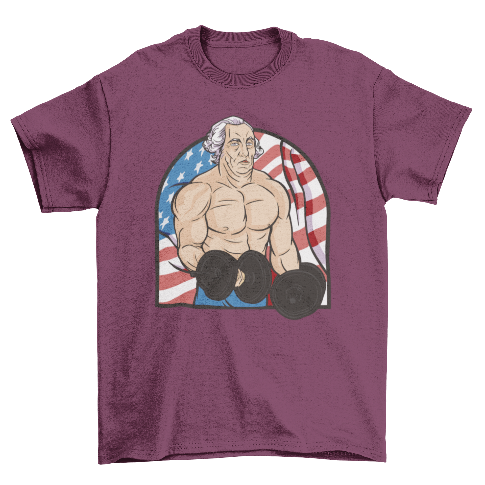 A muscular man parodying George Washington lifting weights in front of the American flag on a stylish t-shirt.