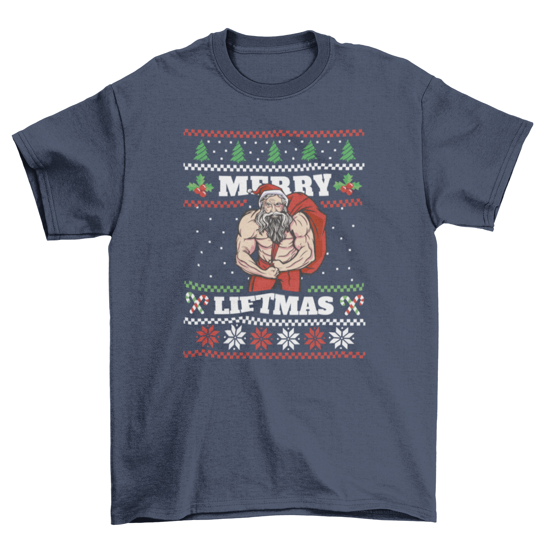 A humorous t-shirt featuring a muscular Santa Claus with Christmas icons and the quote 'Merry Liftmas', perfect for holiday celebrations.