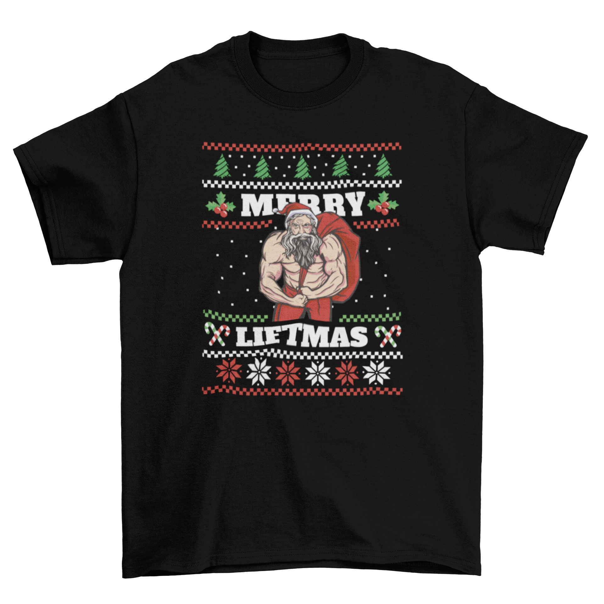 A humorous t-shirt featuring a muscular Santa Claus with Christmas icons and the quote 'Merry Liftmas', perfect for holiday celebrations.