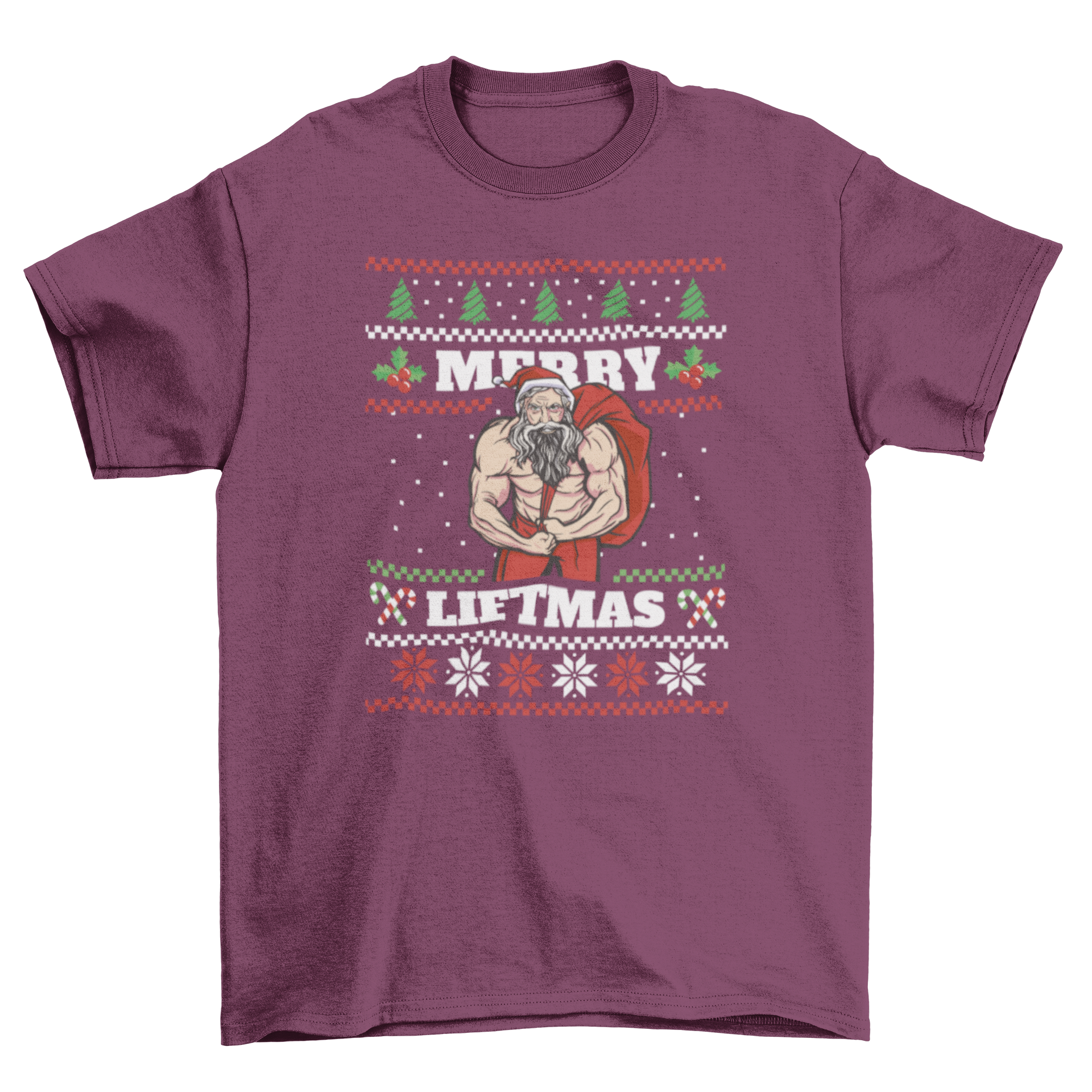 A humorous t-shirt featuring a muscular Santa Claus with Christmas icons and the quote 'Merry Liftmas', perfect for holiday celebrations.