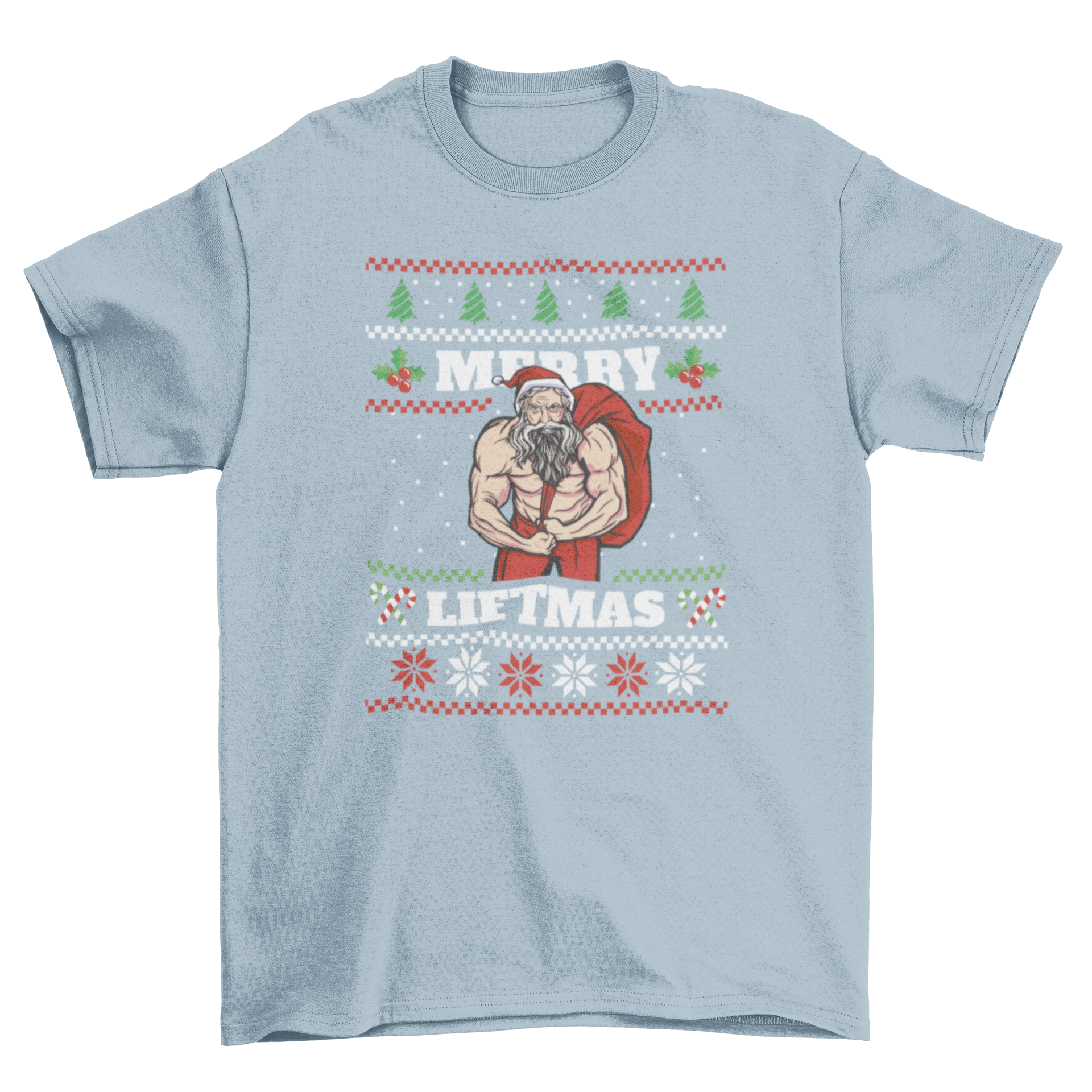 A humorous t-shirt featuring a muscular Santa Claus with Christmas icons and the quote 'Merry Liftmas', perfect for holiday celebrations.