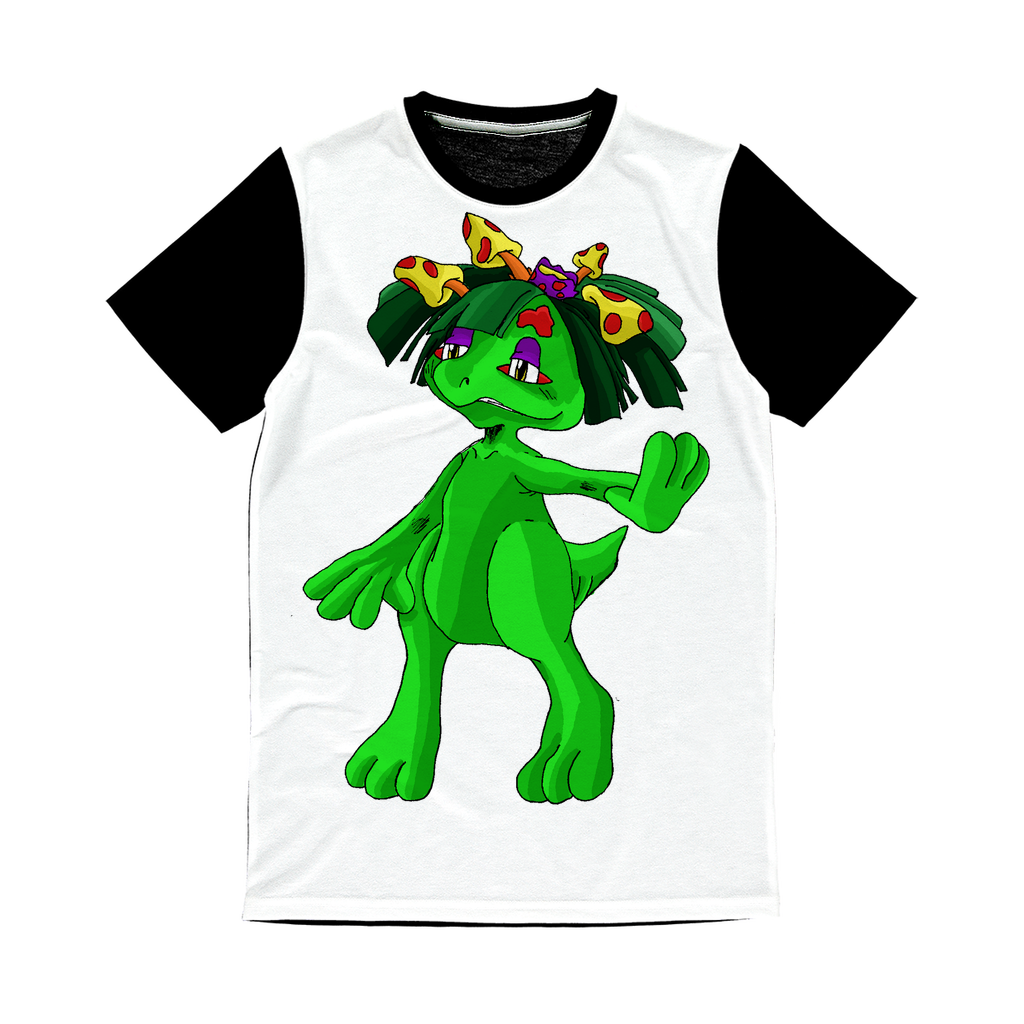 Mushamep Classic Sublimation Panel T-Shirt featuring a vibrant front design and plain black back, ideal for custom printing.