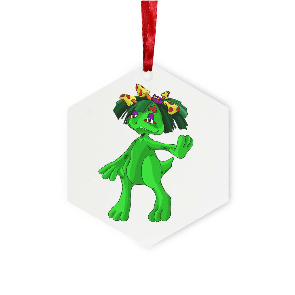 Mushamep Metal Hanging Ornament in hexagon and star shapes, featuring a gloss white finish and red ribbon for hanging.