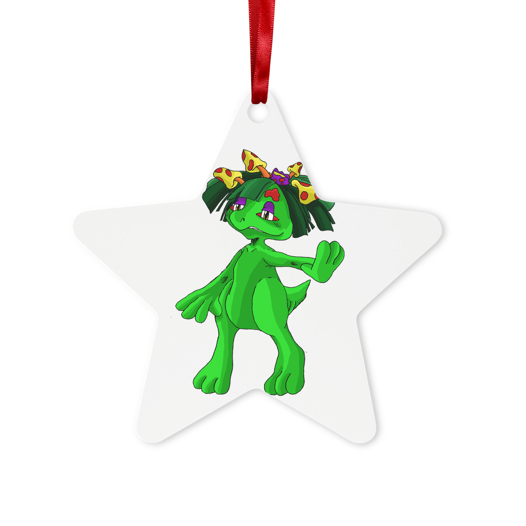 Mushamep Metal Hanging Ornament in hexagon and star shapes, featuring a gloss white finish and red ribbon for hanging.